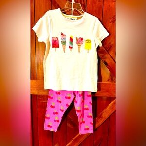Mini Boden Fun Cropped Leggings Pink Cherries with ice cream tee size 11-12y